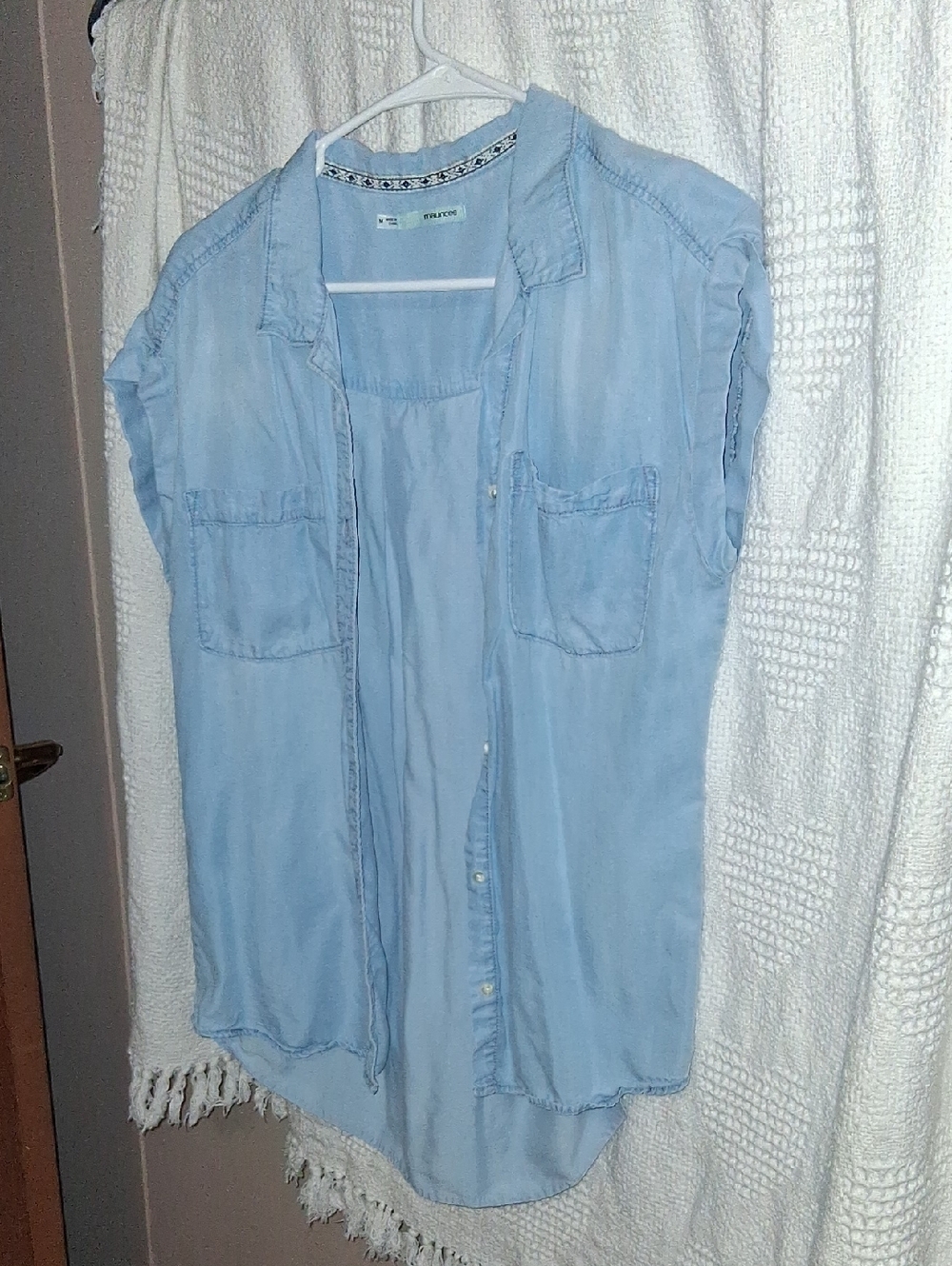 Cuffed Sleeve Low High Denim Button Down Top